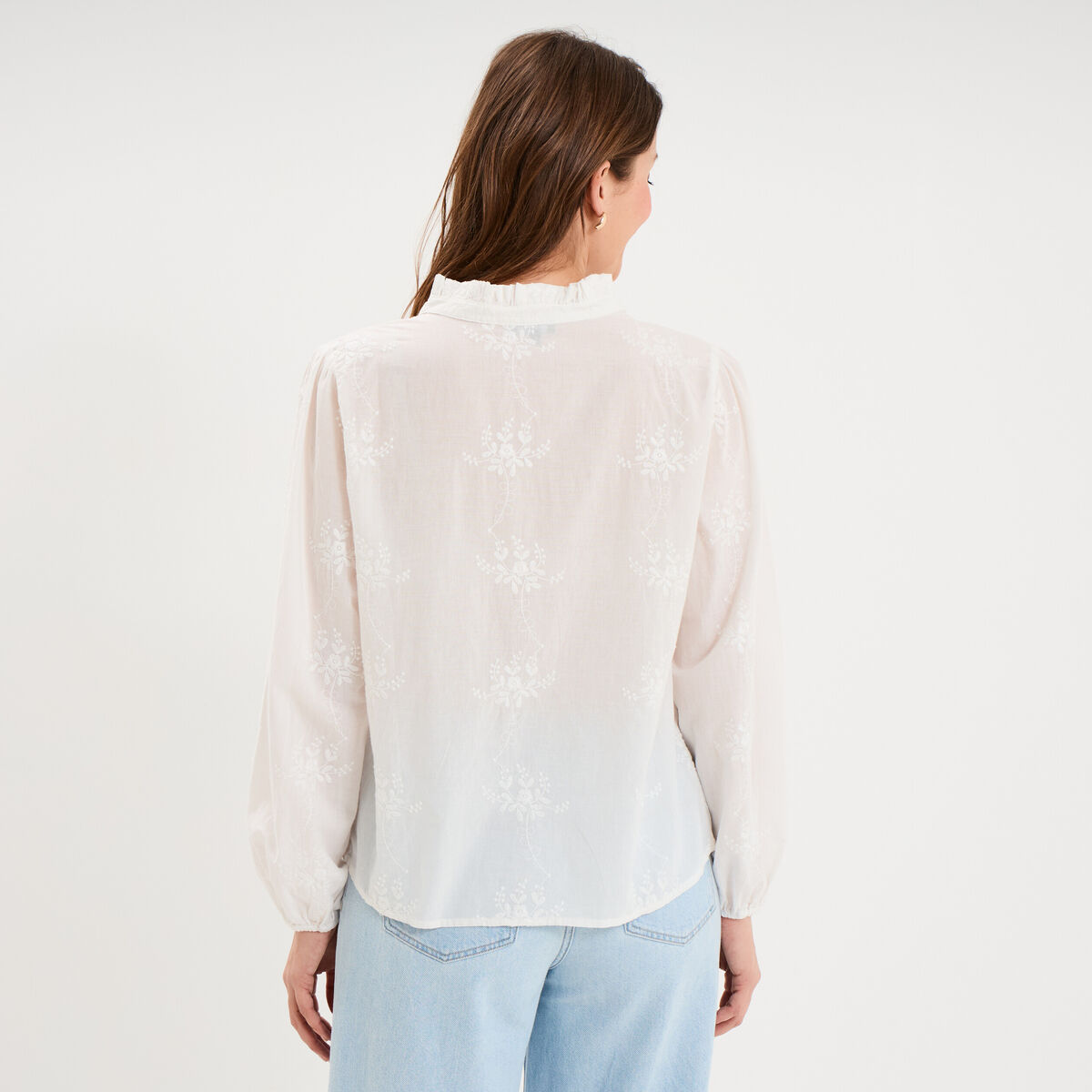Blouse brod&eacute;e manches longues coton blanc femme