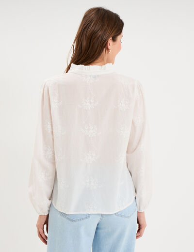 Blouse brod&eacute;e manches longues coton blanc femme