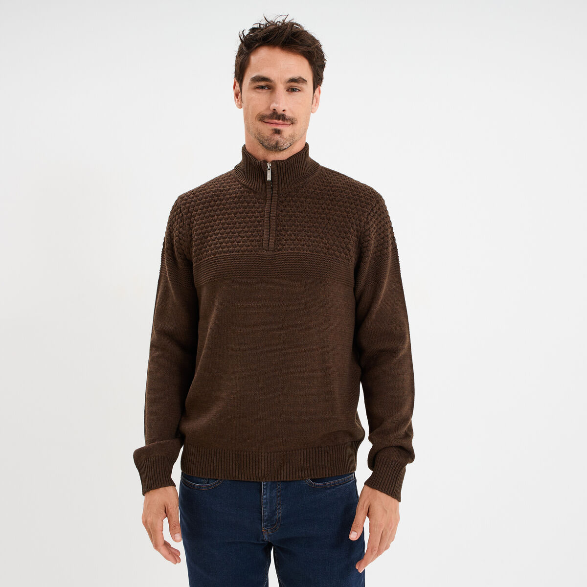 Pull col camionneur zipp&eacute; marron fonc&eacute; homme