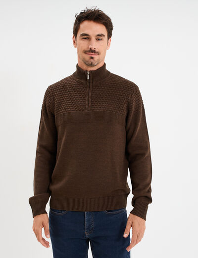 Pull col camionneur zipp&eacute; marron fonc&eacute; homme