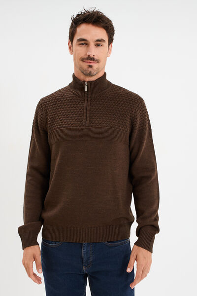 Pull col camionneur zipp&eacute; marron fonc&eacute; homme