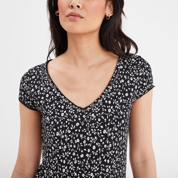T-shirt col V droit manches courtes noir femme