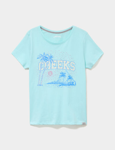 T-shirt manches courtes col rond coton bleu turquoise femme