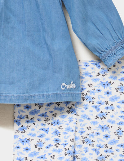 Ensemble coton 3 pi&egrave;ces blouse en jean ecru b&eacute;b&eacute; fille