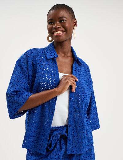 Chemise broderie anglaise coton bleu electrique femme