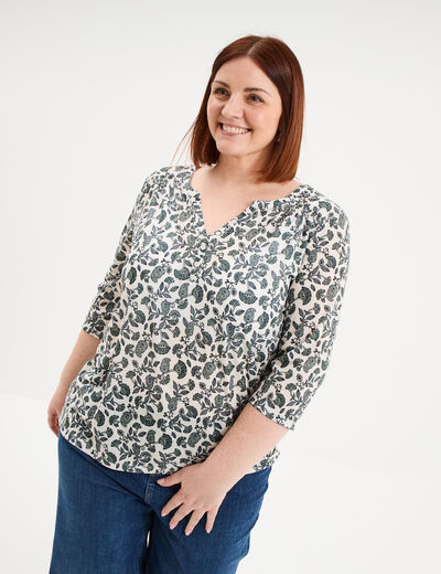T-shirt col tunisien manches 3/4 ecru femme grande taille