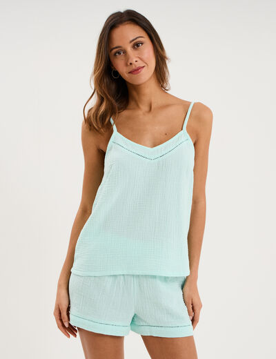 Haut de pyjama d&eacute;bardeur gaze de coton bleu clair femme