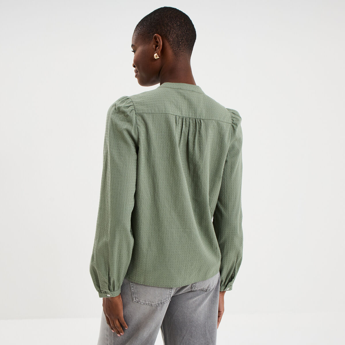Blouse droite manches longues coton vert kaki femme