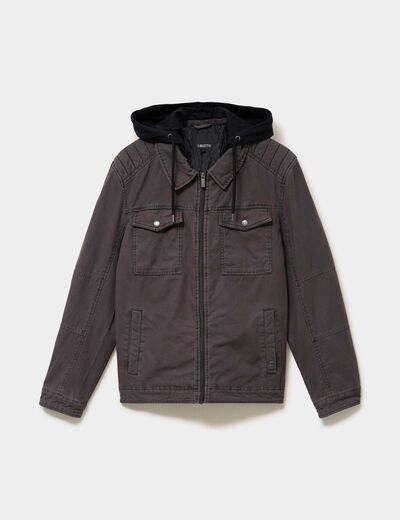Veste doubl&eacute;e capuche amovible en coton gris fonc&eacute; homme