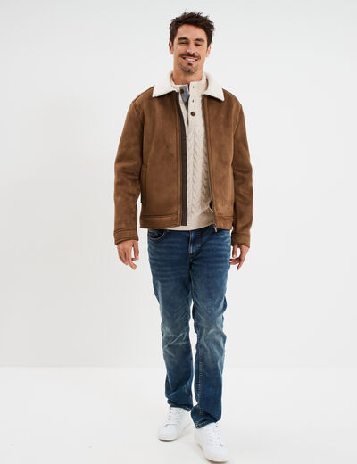 Pull col montant boutonn&eacute; et torsades ecru homme