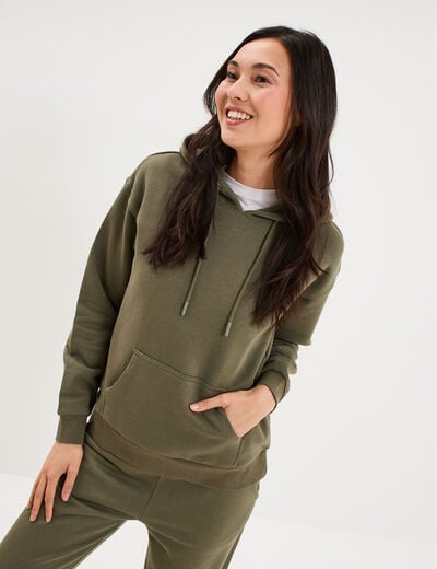 Sweat hoodie 1 poche &agrave; capuche vert kaki femme