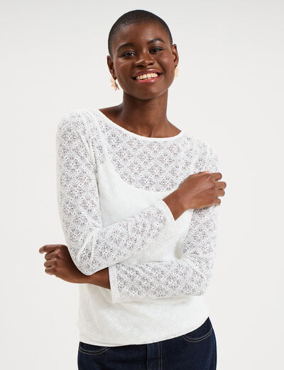 T-shirt effet dentelle manches longues blanc femme