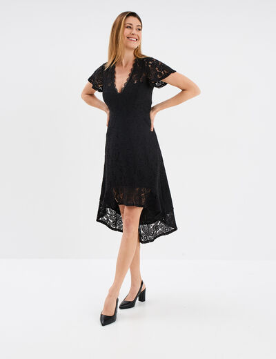 Robe midi col V dentelle et volants noir femme