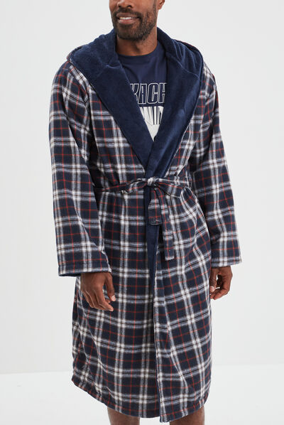 Peignoir doublé à capuche et ceinture bleu marine homme