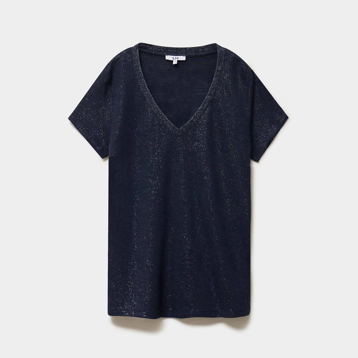 T-shirt col en V manches courtes bleu fonc&eacute; femme
