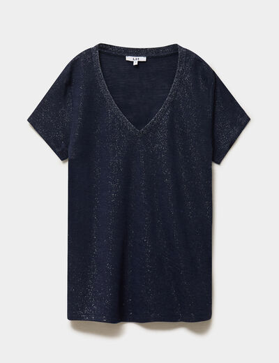T-shirt col en V manches courtes bleu fonc&eacute; femme