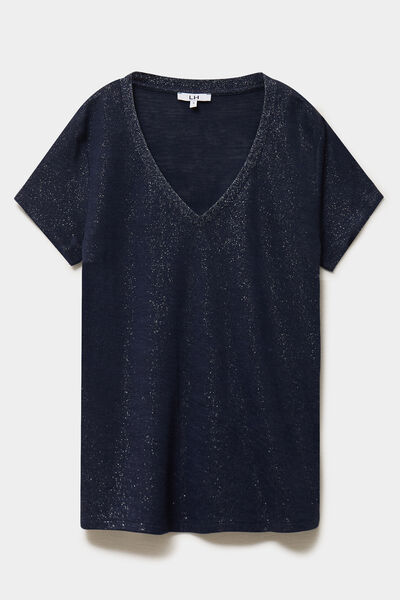 T-shirt col en V manches courtes bleu fonc&eacute; femme