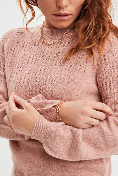 Pull manches ballons détails ajourés vieux rose femme