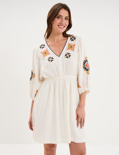 Robe courte brod&eacute;e taille &eacute;lastiqu&eacute;e ecru femme