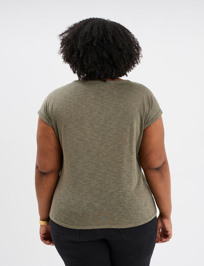 T-shirt avec strass manches courtes vert kaki femme grande taille