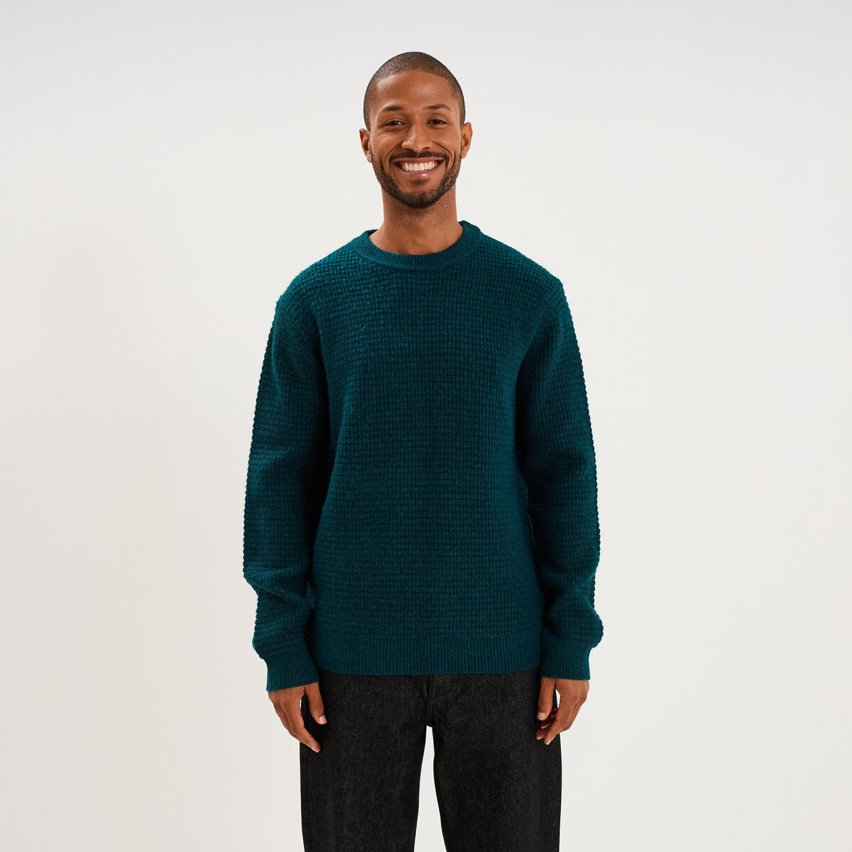Pull col rond manches longues bleu canard homme