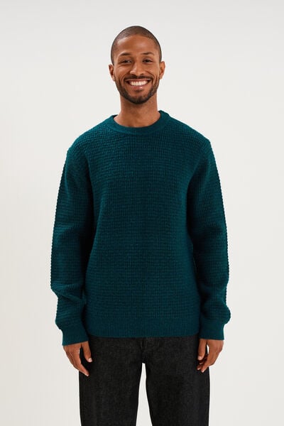 Pull col rond manches longues bleu canard homme