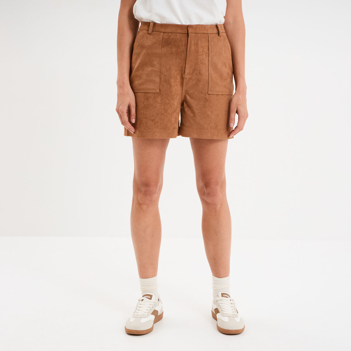 Short effet su&eacute;dine droit taille haute marron clair femme