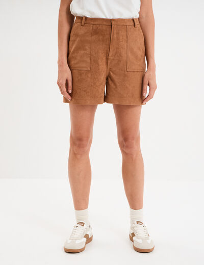 Short effet su&eacute;dine droit taille haute marron clair femme
