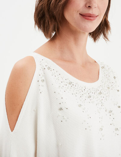 Pull perles et strass au col blanc femme