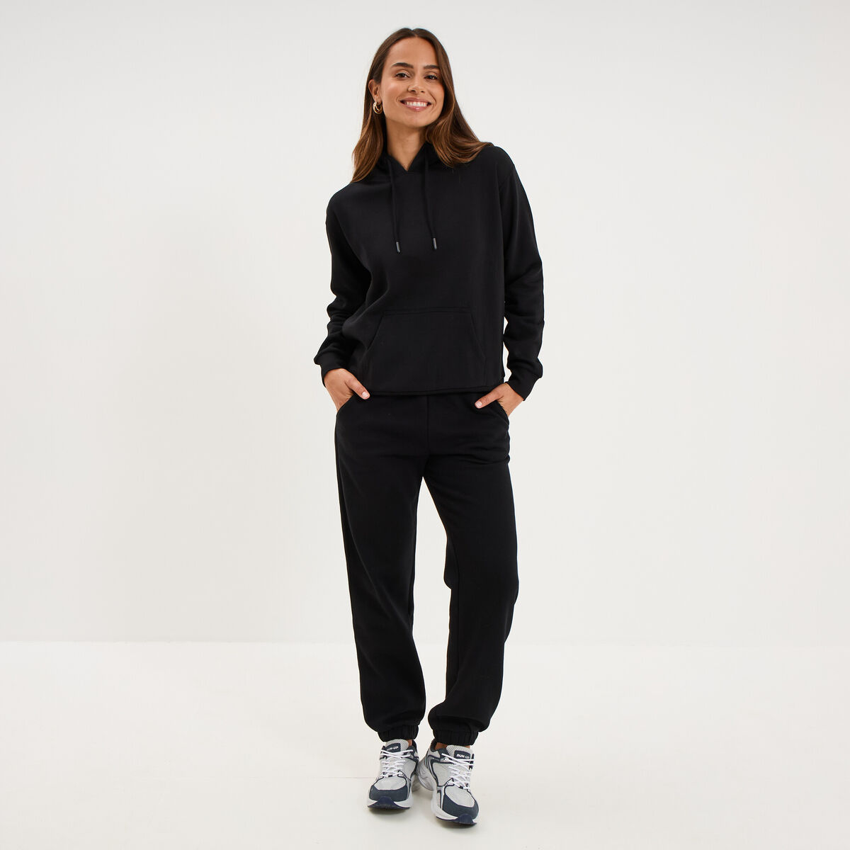 Pantalon jogging droit molleton noir femme