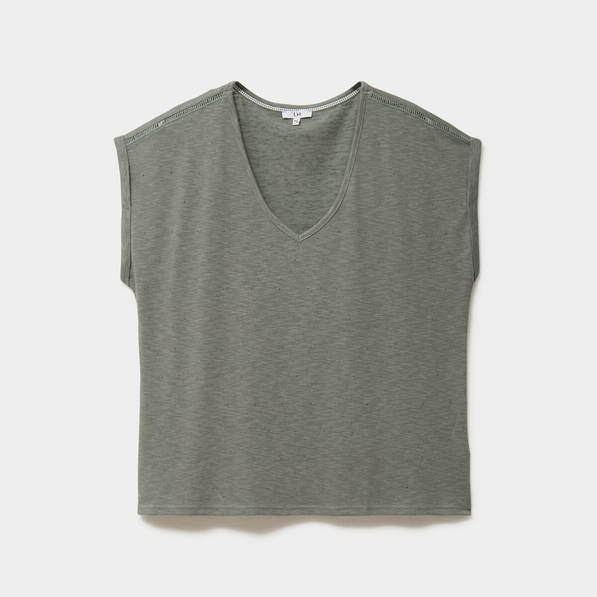 T-shirt avec strass manches courtes vert kaki femme grande taille