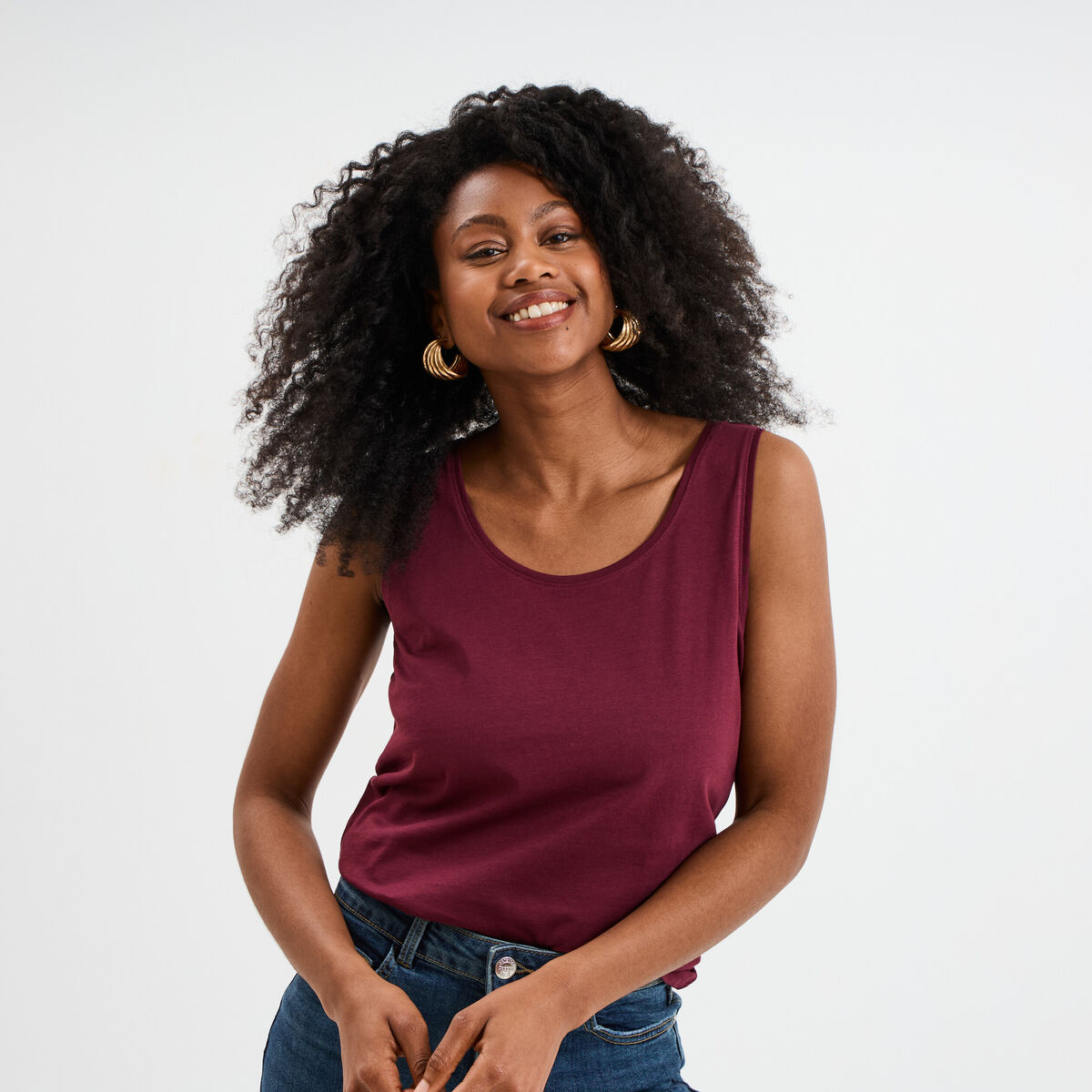 Débardeur bretelles larges coton bordeaux femme