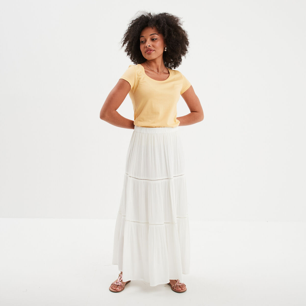 Jupe longue fluide taille &eacute;lastiqu&eacute;e blanc femme