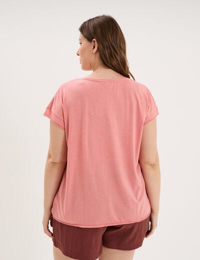 T-shirt effet chin&eacute; col en V avec poche rose vif femme grande taille