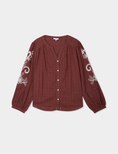 Blouse manches brodées col tunisien marron femme grande taille