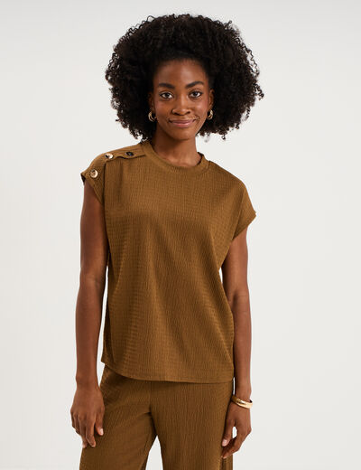 T-shirt gaufr&eacute; col rond avec boutons beige femme