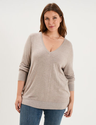 Pull fin col en V manches longues beige femme grande taille