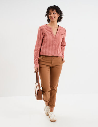 Pantalon chino 7/8ème ceinture tressée marron clair femme