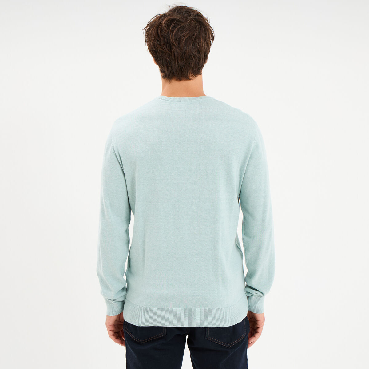 Pull droit col rond coton m&eacute;lang&eacute; bleu gris homme