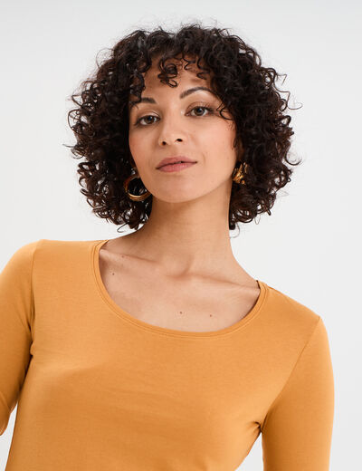 T-shirt coton col rond manches longues jaune moutarde femme