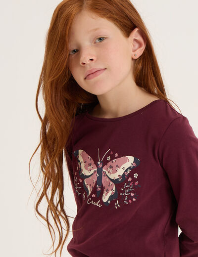 T-shirt smocké manches longues coton bordeaux fille