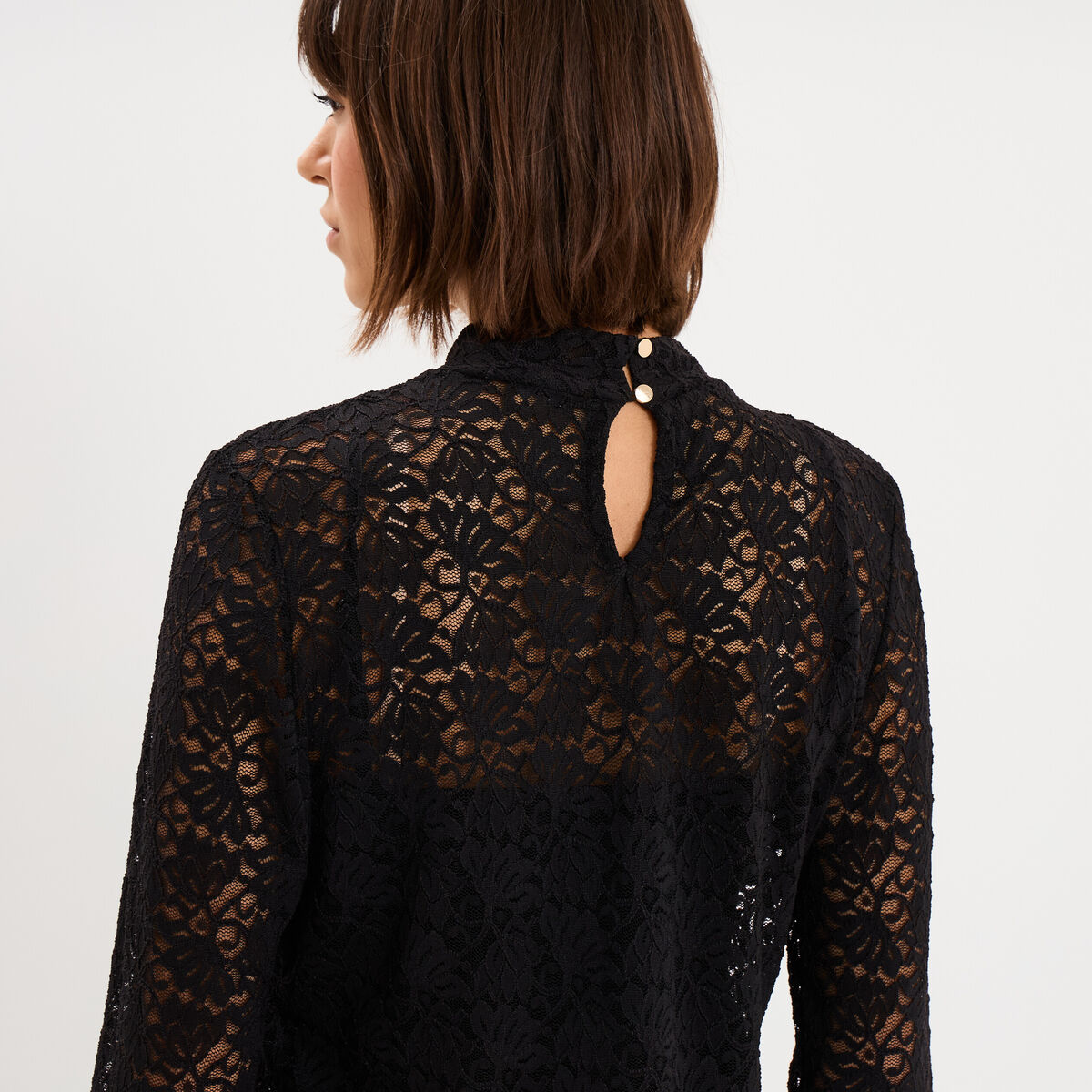 Blouse dentelle col montant noir femme
