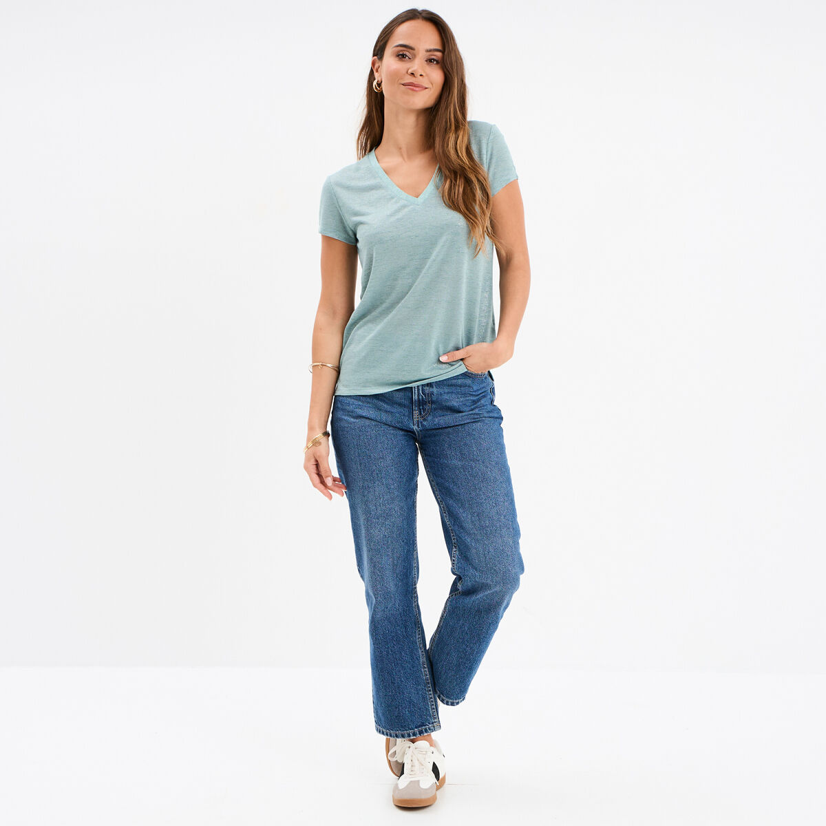 T-shirt col en V manches courtes bleu gris femme