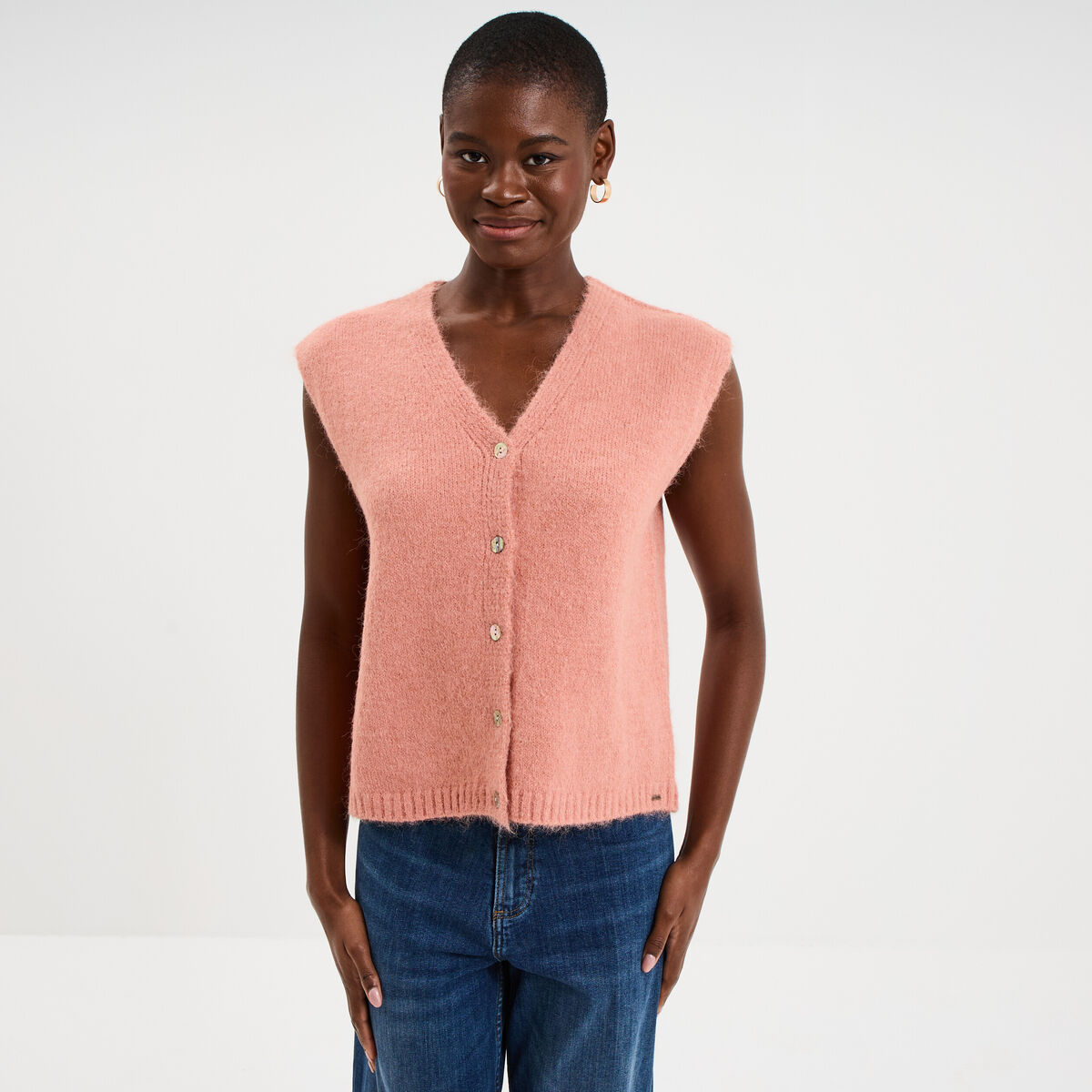 Gilet sans manches col en V rose fushia femme