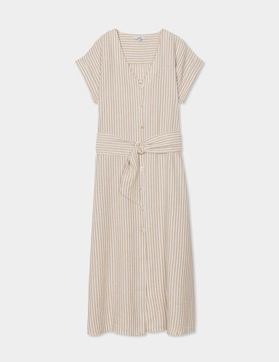 Robe chemise longueur genou ceinturée beige femme