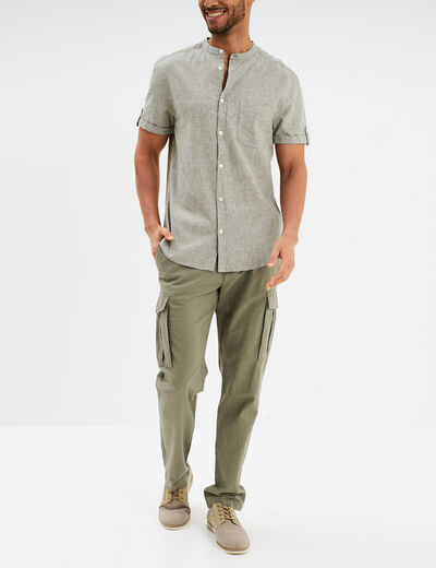 Chemise col mao lin mélangé vert kaki homme