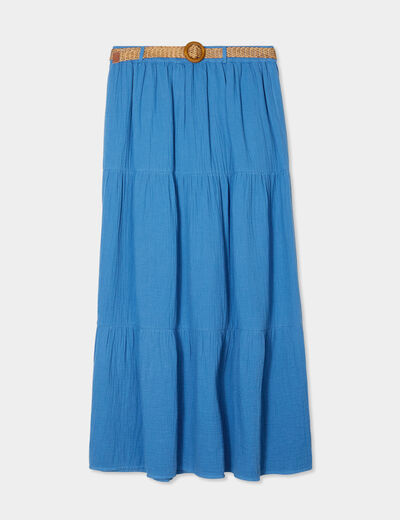 Jupe longue gaze de coton ceinturée bleu foncé femme