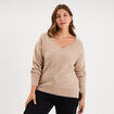 Pull droit sequins col V manches longues beige femme grande taille