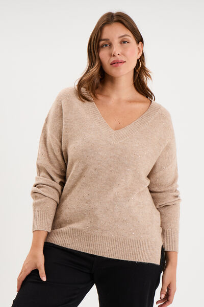 Pull droit sequins col V manches longues beige femme grande taille