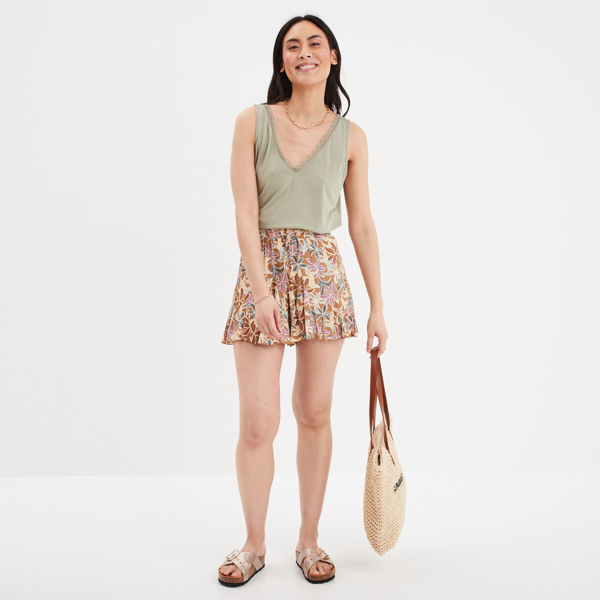 Débardeur dentelle col sans manches vert kaki femme